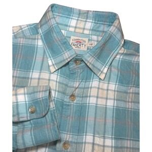 Faherty Plaid Long Sleeve Button Down Shirt Teal Cream Mens Small Casual Stretch